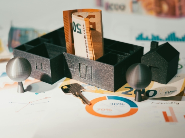 Sobre un documento de inversión, maqueta de una casa con billetes en el interior