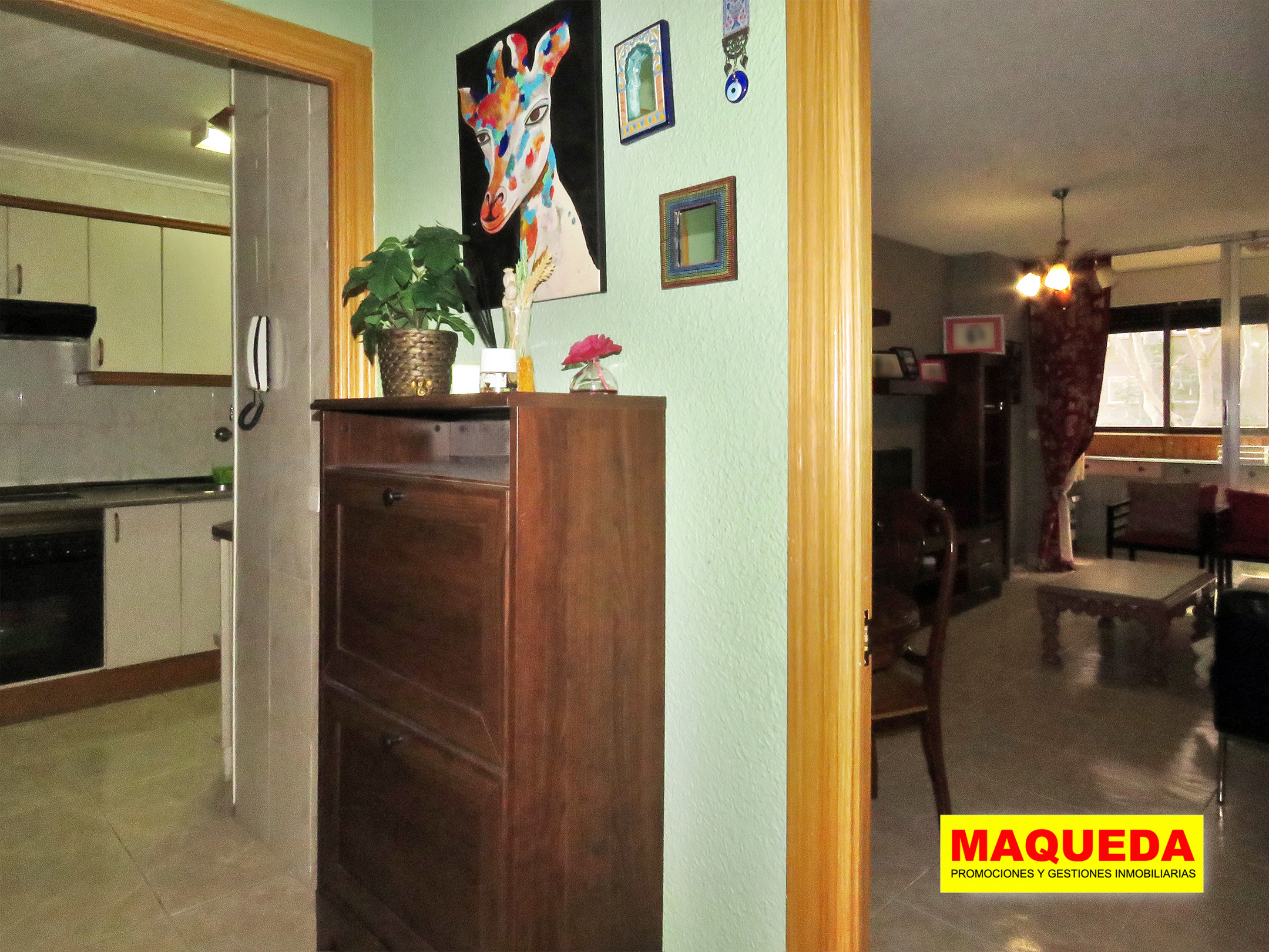 Hall de entrada con acceso al salón a la derecha y puerta de la cocina a la izquierda