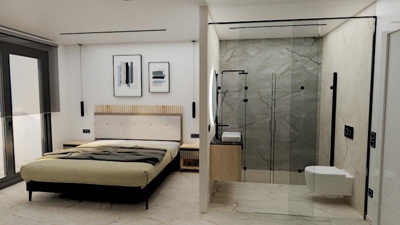 Modern bedroom with a king bed and glass-walled en-suite shower area in marble, neutral tones, and framed wall art.