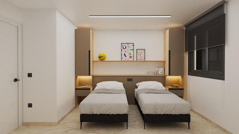 Twin bedroom with two single beds, built-in headboard, and shelf displaying a volleyball and framed art above the bed area.