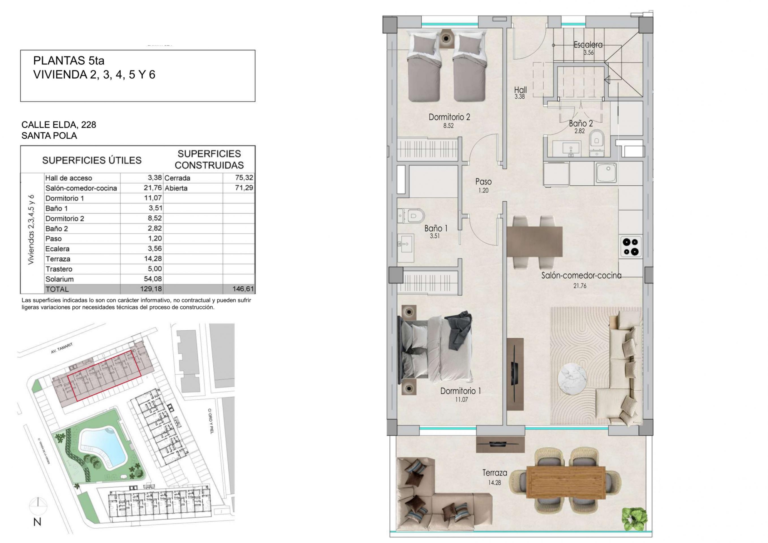 Floor plan of the fifth floor showing Viviendas 2, 3, 4, 5 and 6 with rooms, terrace and stair access (layout includes Dormitorio 1-2, baños, cocina y sala-comedor).