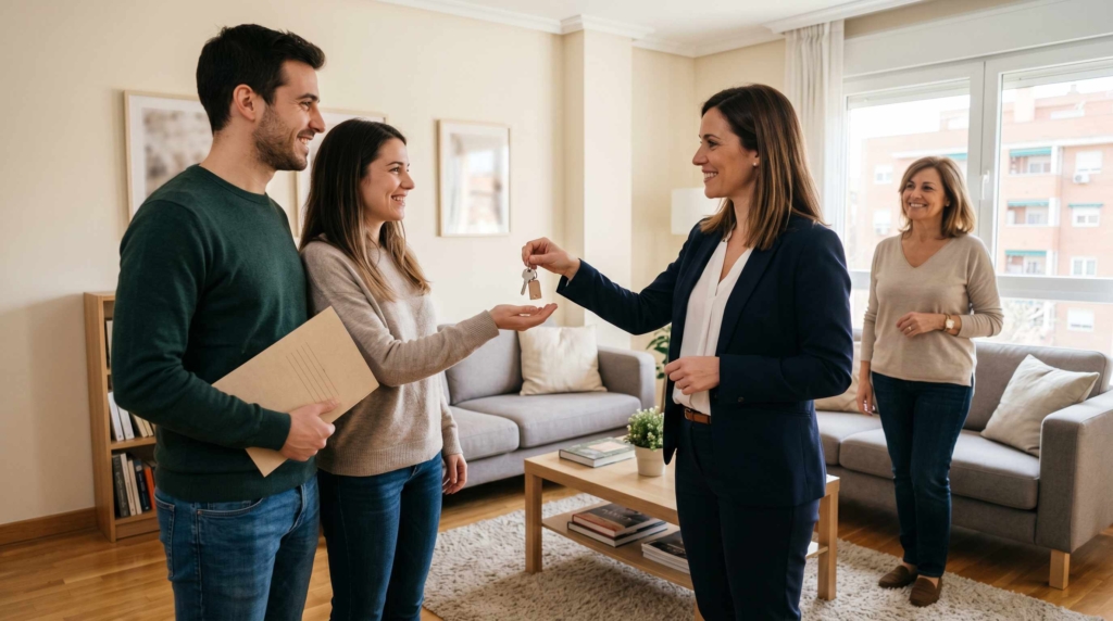 Agente inmobiliario entregando llaves de alquiler a inquilinos con propietario presente en Alcorcón