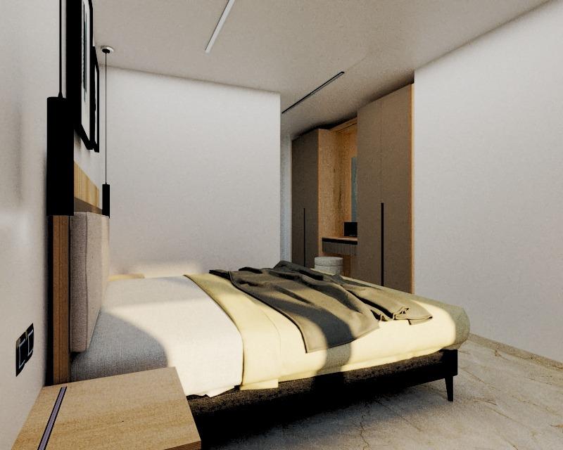 Modern bedroom with a low platform bed, beige bedding, dark throw, and a wooden nightstand beside a white wall.