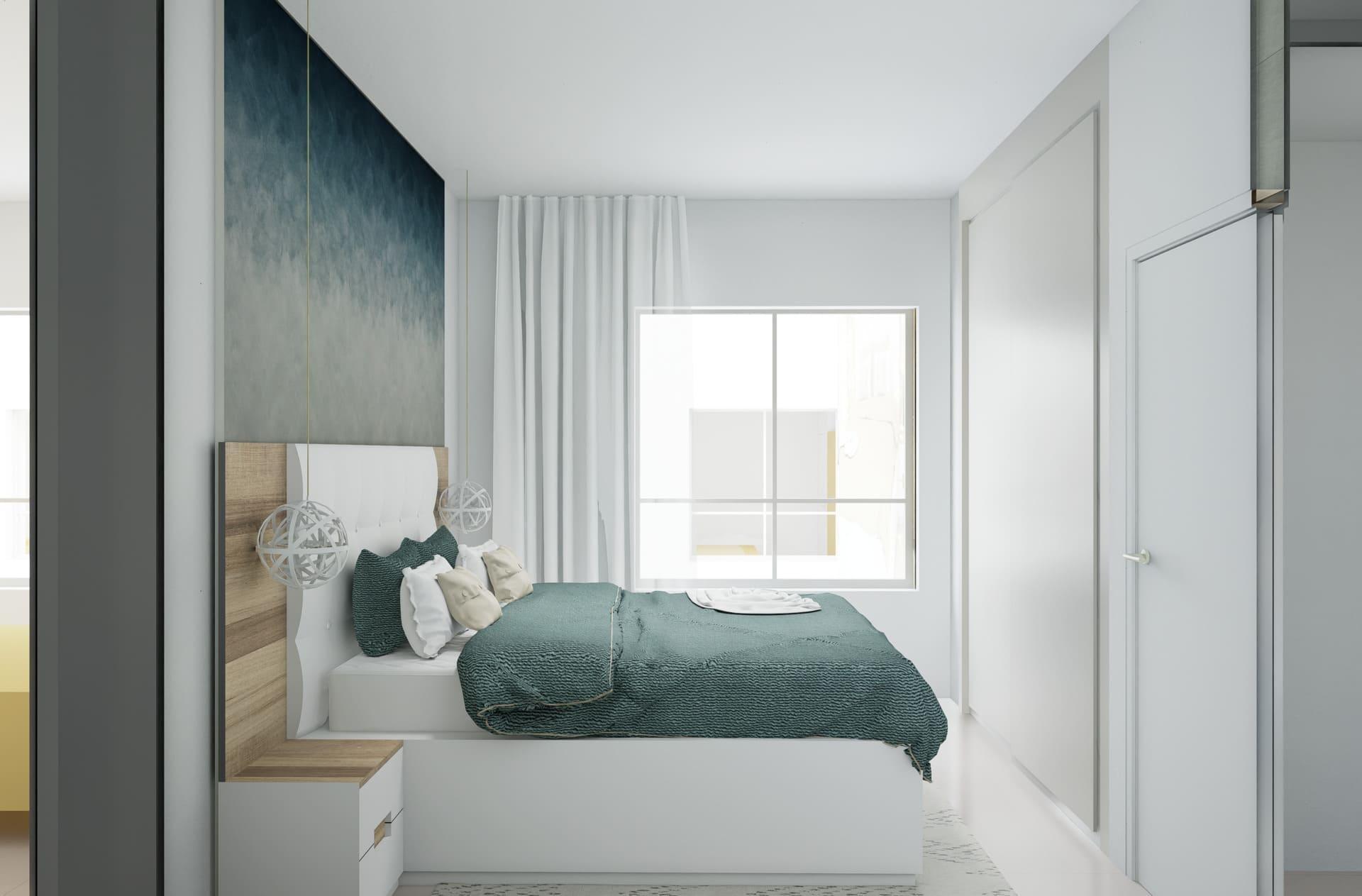 Modern bedroom with teal bedding, white furniture, and a large window behind the bed in natural light.