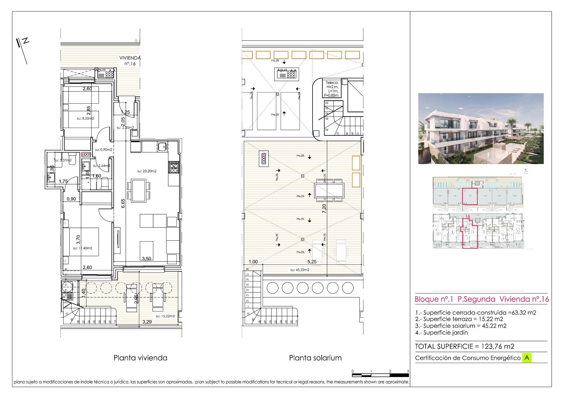 Architectural floor plans for Vivienda 16: both living space plan (planta vivienda) and solarium plan, with room labels and measurements.