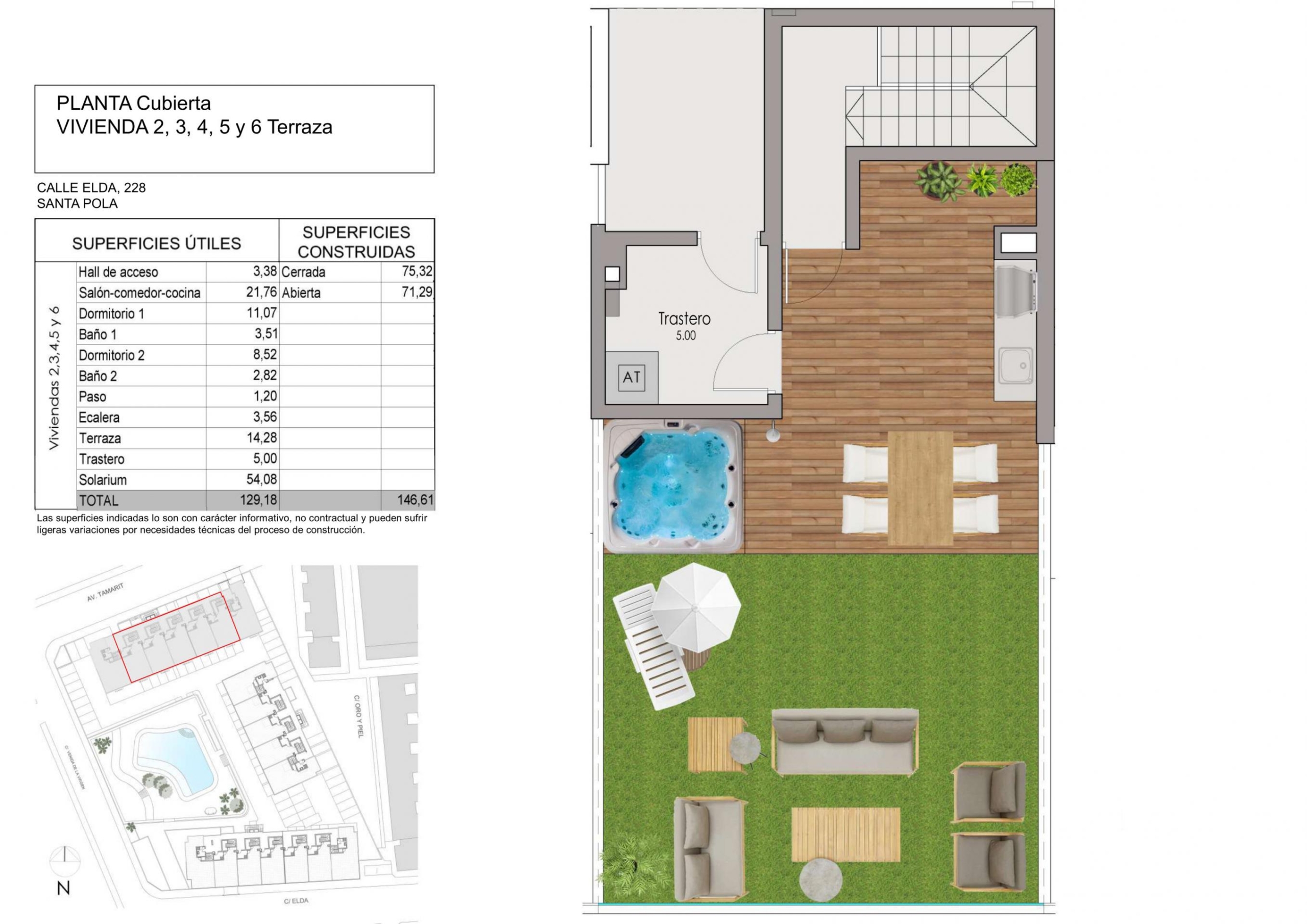 Overhead floor plan of a residence showing interior rooms and an outdoor wooden terrace with seating and a pool/hot tub area.