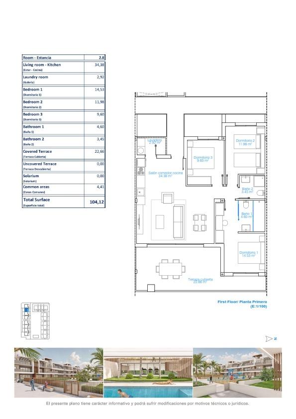 First-floor layout with labeled rooms and areas; left column lists rooms and total area 104.12 m², right shows the floor plan with bedrooms, living area, kitchen and terraces; bottom includes rendering thumbnails of the development.