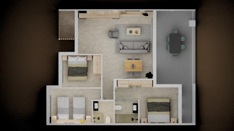 Top-down floor plan of an apartment: central living area with sofa and dining table, on the right a balcony with outdoor table, two bedrooms (one twin, one with a double bed), and two bathrooms.