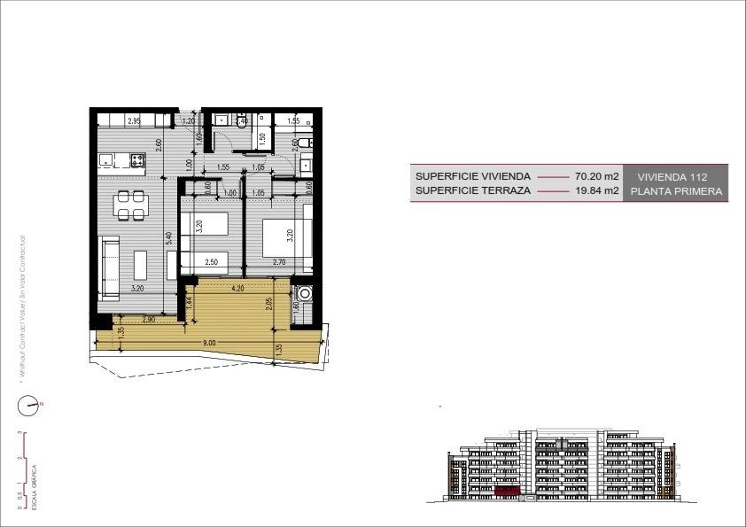 Floor plan of a residence showing living area, bedrooms, kitchen, bathrooms, and a large terrace; labeled areas note vivienda 70.20 m2 and terraza 19.84 m2 (primera planta).