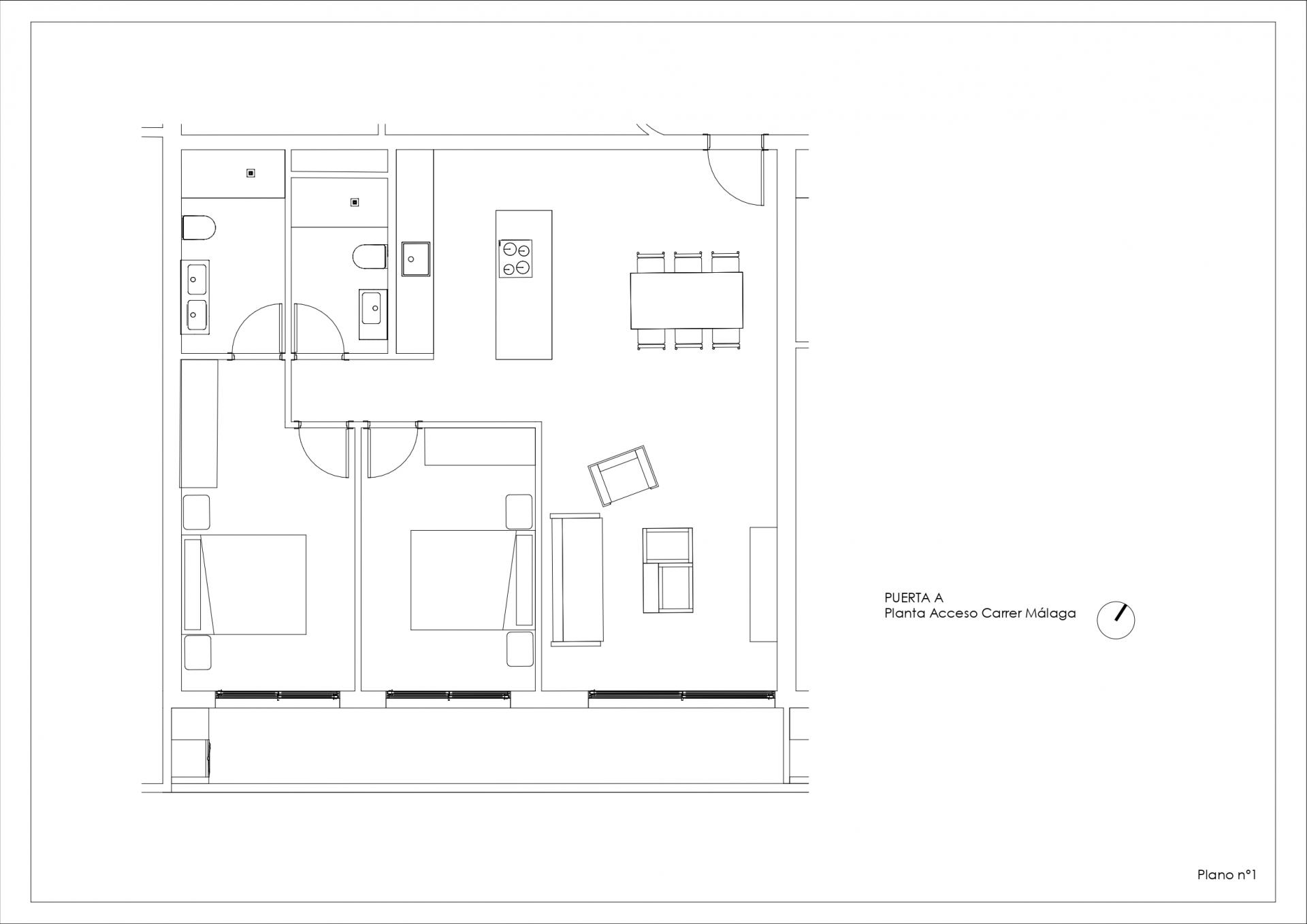 Architectural floor plan of an apartment: two bedrooms, bathroom, kitchen island, dining table, living area, and an entry door labeled Puerta A (Carrera Málaga).