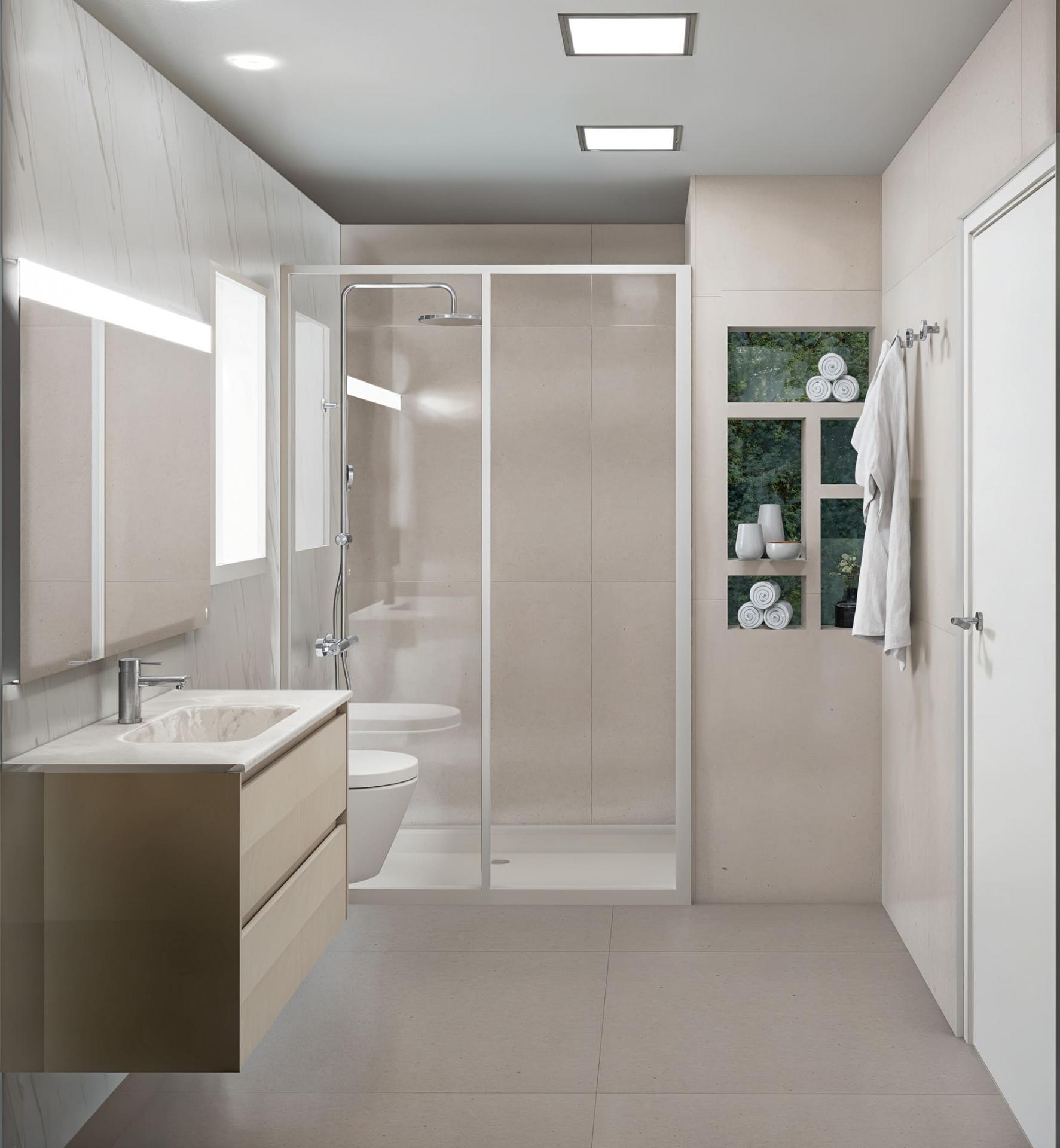 Modern bathroom with beige tiled walls, a floating vanity with white sink, and a glass shower enclosure.