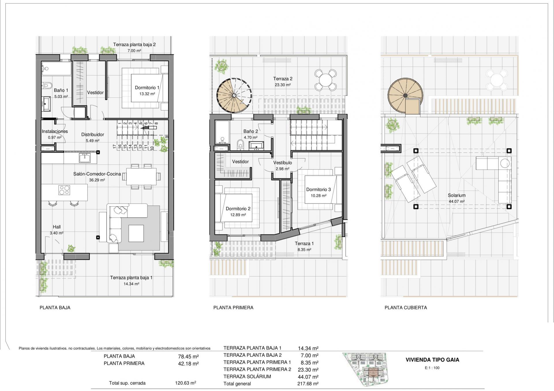 Three-floor architectural plan showing ground floor, first floor, and roof terrace layouts with labeled rooms and terraces (Terraza, Dormitorio, Salón, Solárium).