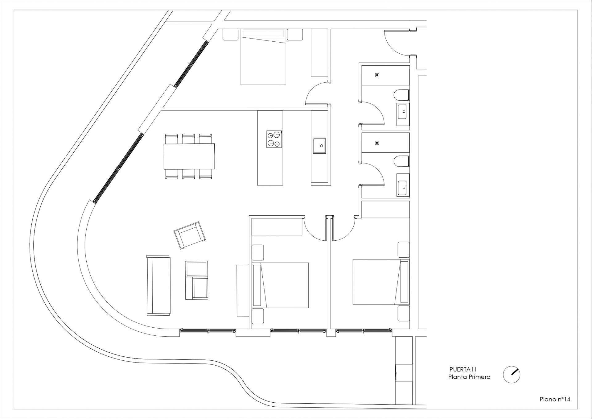 Architectural floor plan labeled Puerta H, Planta Primera (Plan No.14). A curved exterior wall surrounds an open living/dining/kitchen area with a central island and stove; dining table with six chairs is shown. Adjacent are two bedrooms with beds, and a corridor leading to a row of three bathrooms with toilets and sinks.