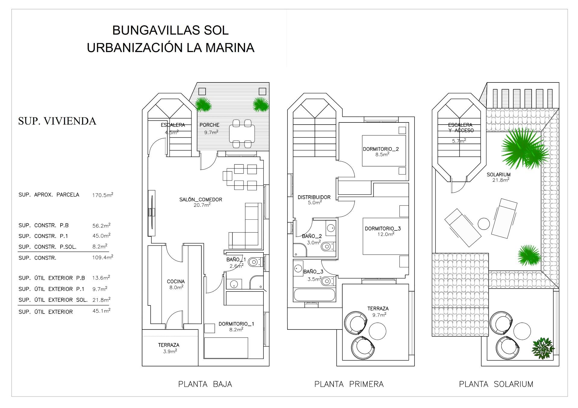 Architectural floor plan for Bungavillas Sol (La Marina): Planta Baja, Planta Primera and Planta Solarium showing rooms, terraces and outdoor areas (e.g., Salón/Comedor, Cocina, Dormitorio, Baño, Terrazas). Readable overview of the villa layout across three levels.