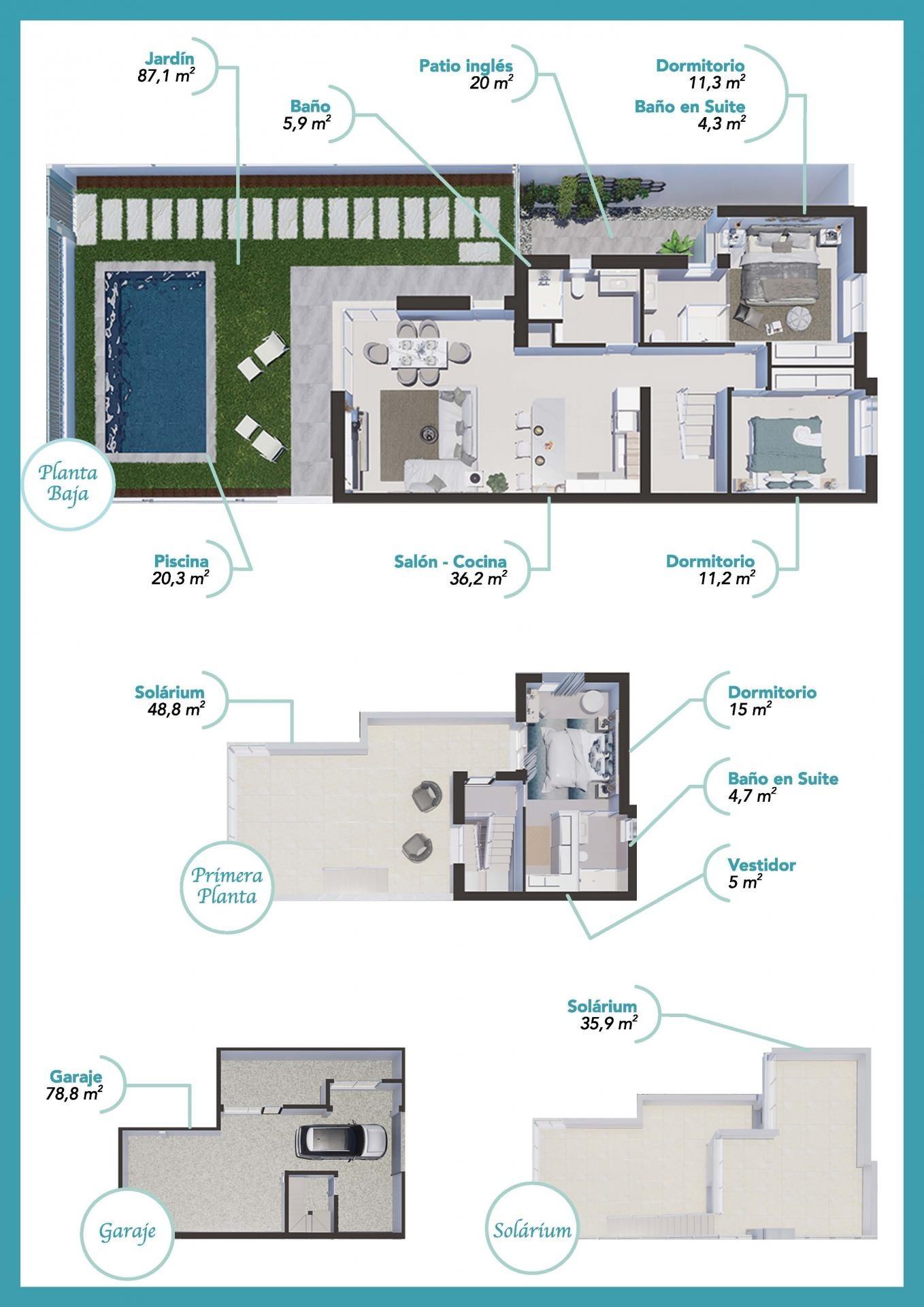 Plano de planta de una casa con jardín y piscina, mostrando salón-cocina, dormitorios y baños