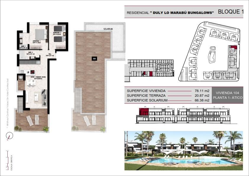 Brochure page with unit 104: left-side floor plan and rooms, middle roof terrace/solarium, right-side site plan and elevations, plus a pool-and-palm-resort photo at bottom.