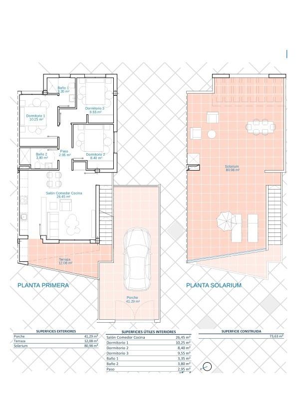 First-floor architectural plan showing living-dining-kitchen area, three bedrooms, two bathrooms, terrace, porch, and car parking; adjacent separated solarium level.
