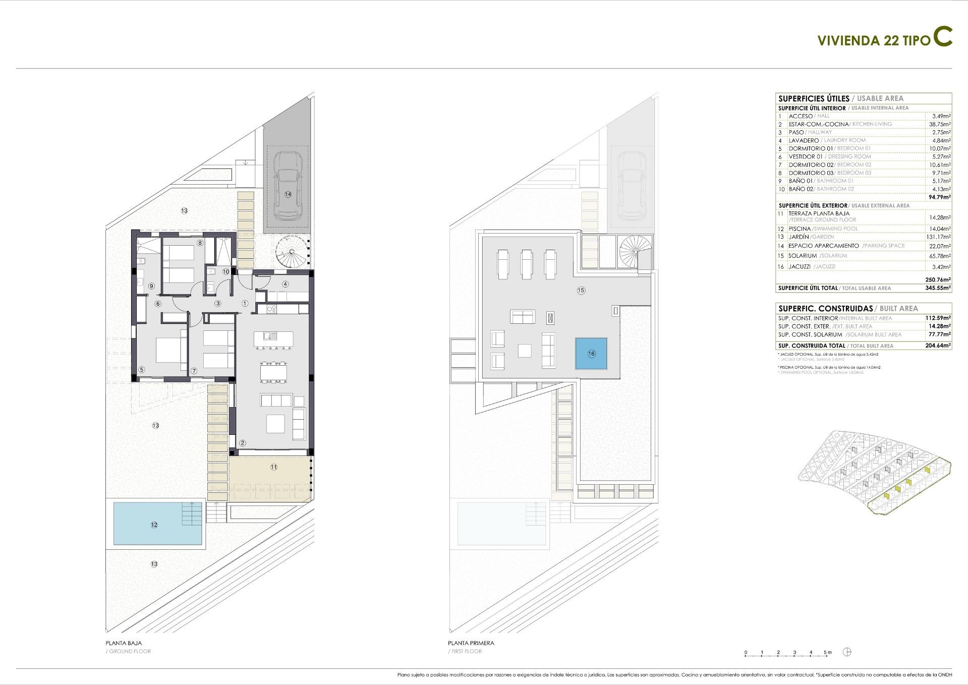 Architectural floor plans of ground and first floors with a car garage, terraces, pool in the lower left, and a legend on the right showing usable areas.
