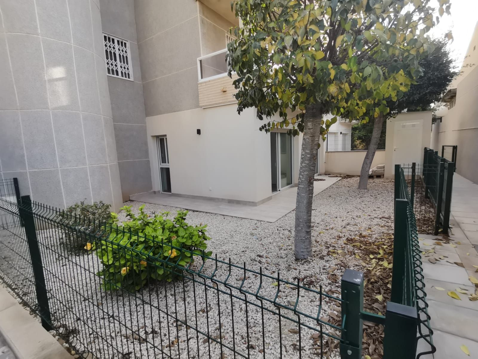 Backyard area of a modern building with light gray walls, sliding glass door, two trees, and a gravel yard enclosed by a green metal fence.