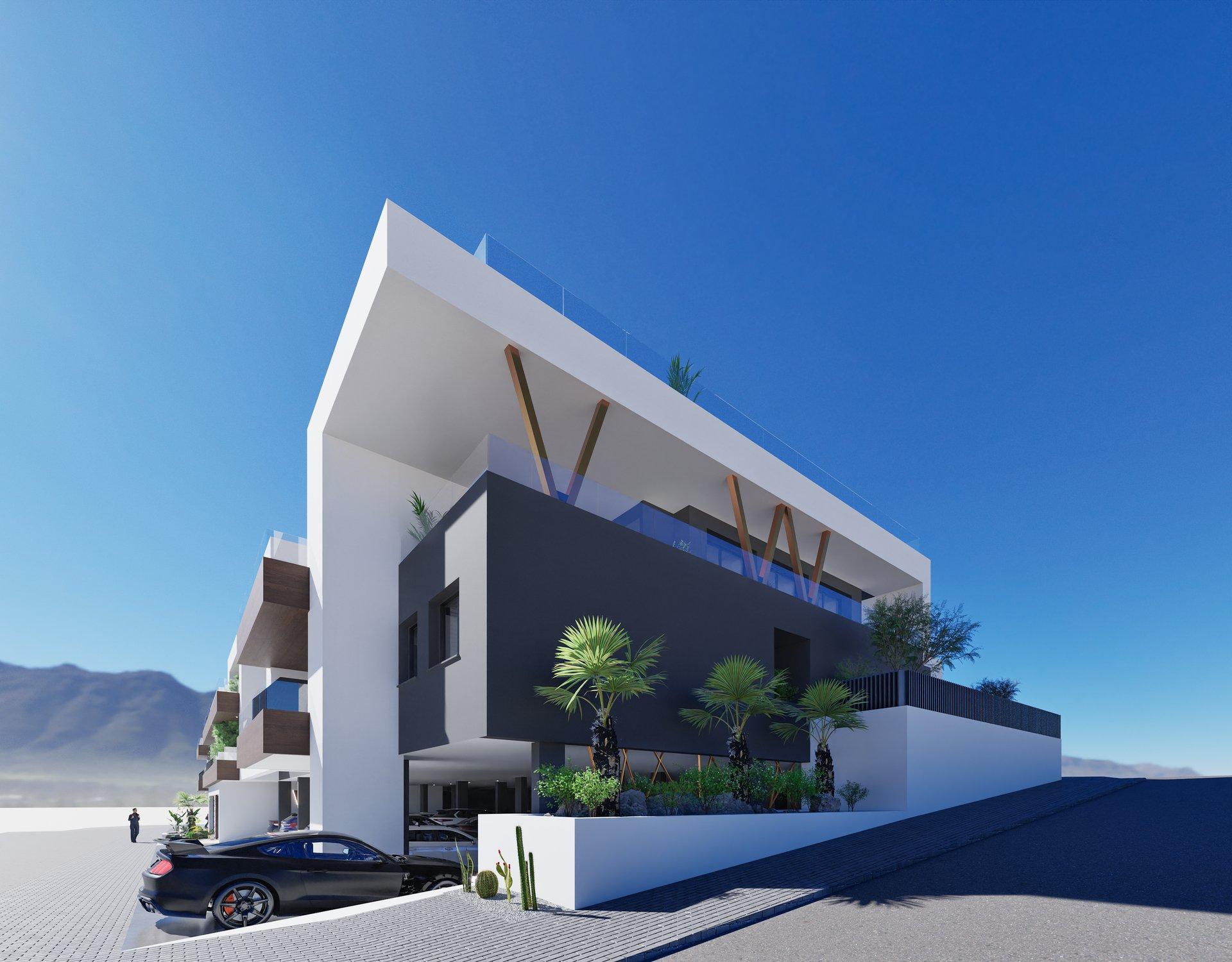 Modern white and gray apartment building with glass balconies and palm trees against a clear blue sky.