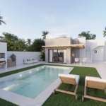 Modern contemporary home with a rectangular pool, white exterior, wooden deck, and palm trees in a sunny backyard.