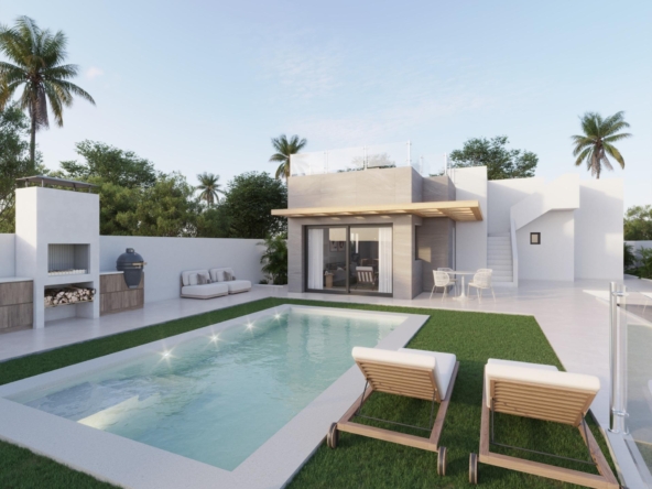 Modern contemporary home with a rectangular pool, white exterior, wooden deck, and palm trees in a sunny backyard.