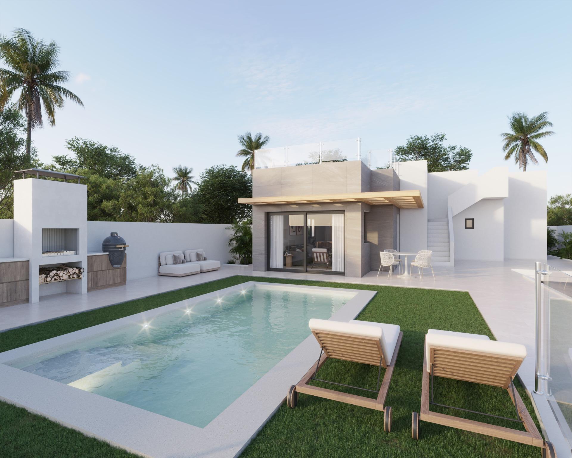 Modern contemporary home with a rectangular pool, white exterior, wooden deck, and palm trees in a sunny backyard.