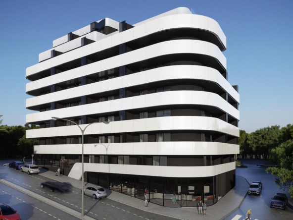 Futuristic white building with rounded, stacked balconies along a street; cars and pedestrians nearby.