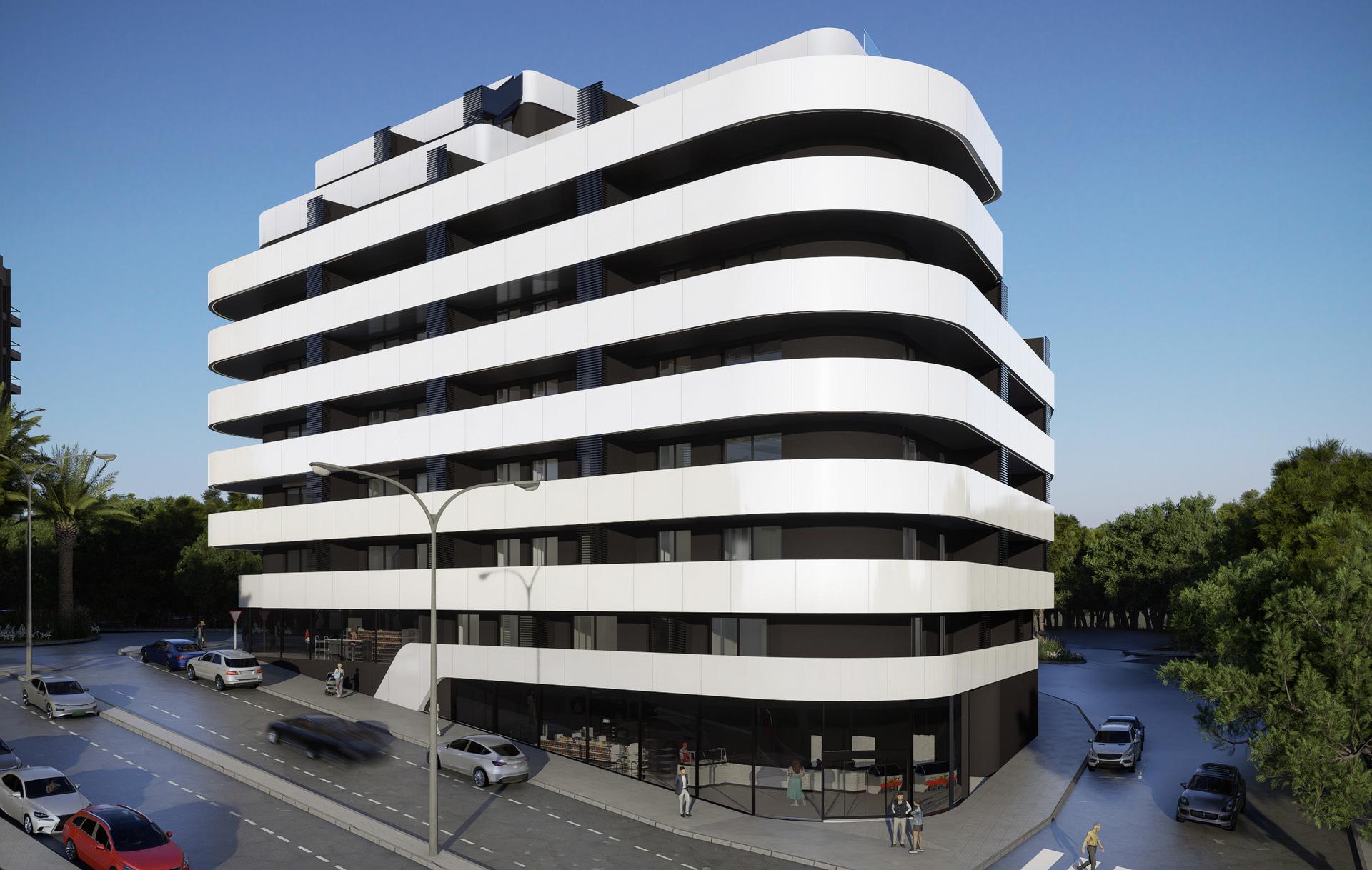 Futuristic white building with rounded, stacked balconies along a street; cars and pedestrians nearby.