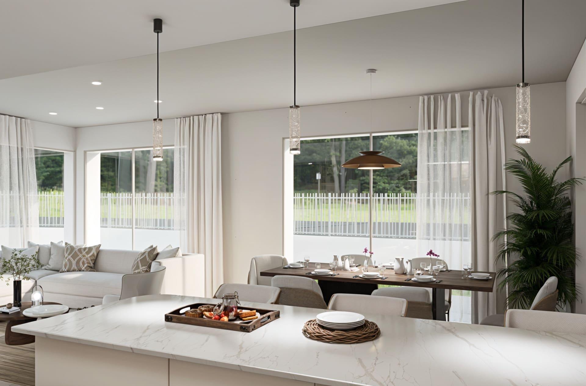 Bright open-plan kitchen and dining area with a marble island, pendant lights, and large windows letting in natural light to a airy space.