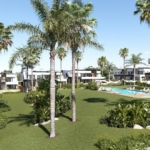 Modern resort-style residential complex with a central pool, white and dark-tone buildings, and palm trees surrounding a green lawn.