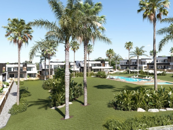 Modern resort-style residential complex with a central pool, white and dark-tone buildings, and palm trees surrounding a green lawn.
