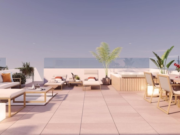 Rooftop terrace with white-and-beige outdoor furniture, potted plants, and a glass railing under a clear sky.