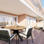 Sunlit rooftop terrace of a modern apartment with a round wooden table, white-cushioned chairs, and beige walls under a blue sky.