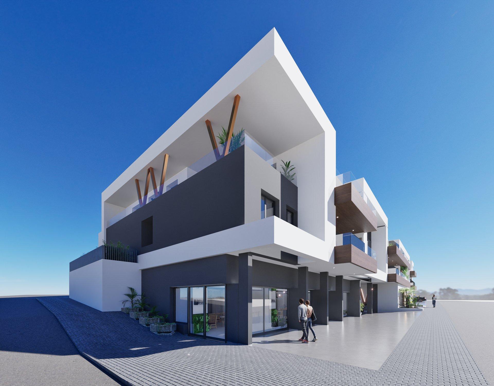 Modern white and dark gray apartment building with an angular roof and wooden supports, balconies, and a clear blue sky above.