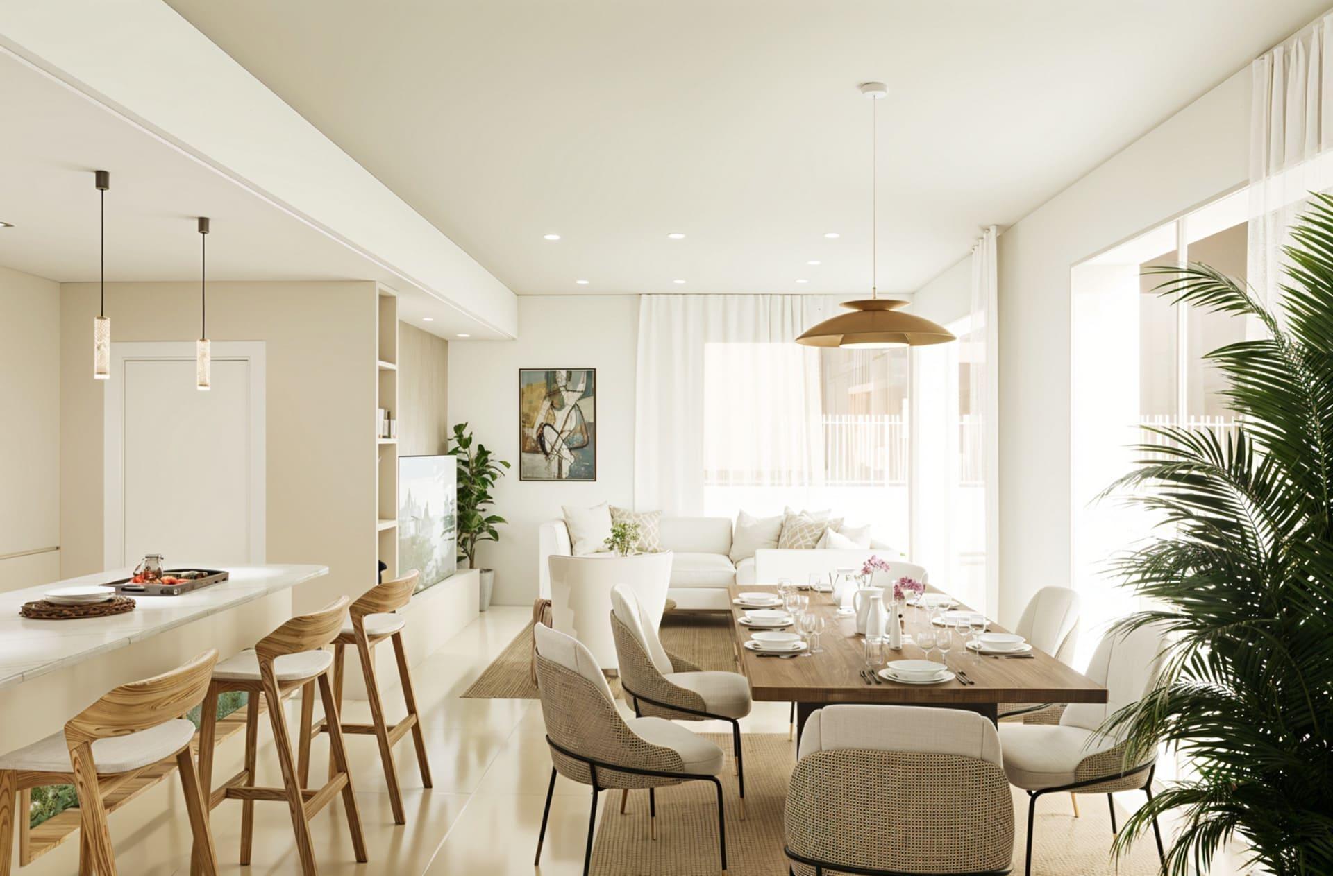 Bright open-plan living and dining area with a long wood dining table, white chairs, pendant lights, and large windows with sheer curtains