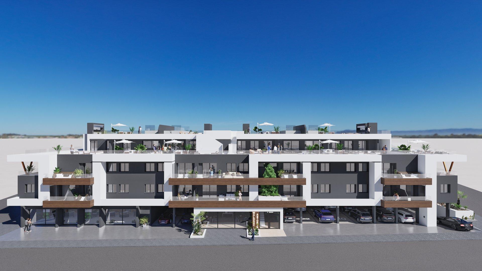 Rendering of a modern white-and-gray apartment building with multiple terraces and rooftop spaces against a blue sky.