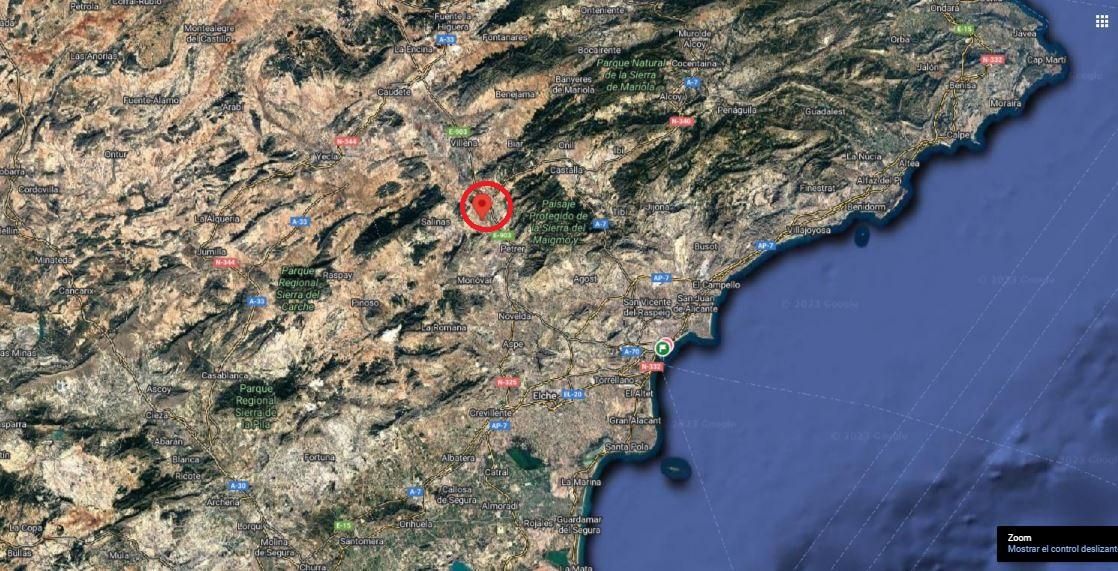 Satellite map of eastern Spain with a red pin marking a location near Petrer, Alicante, inland from the Mediterranean coast.
