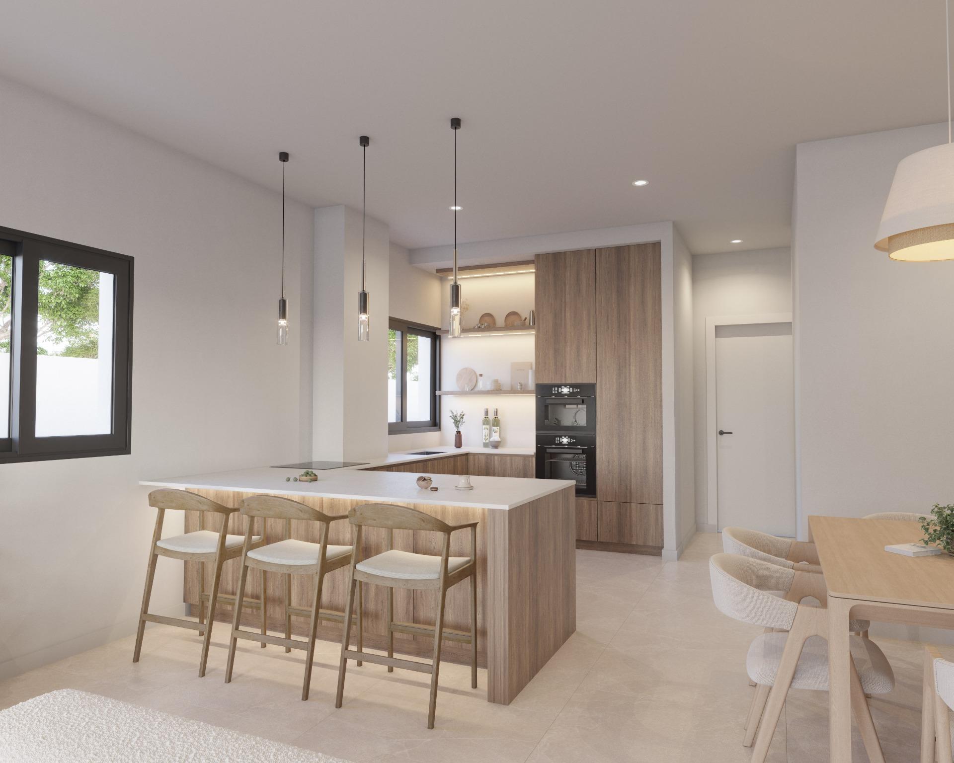 Modern kitchen with wood-toned island, bar stools, and pendant lights in a bright open-plan space