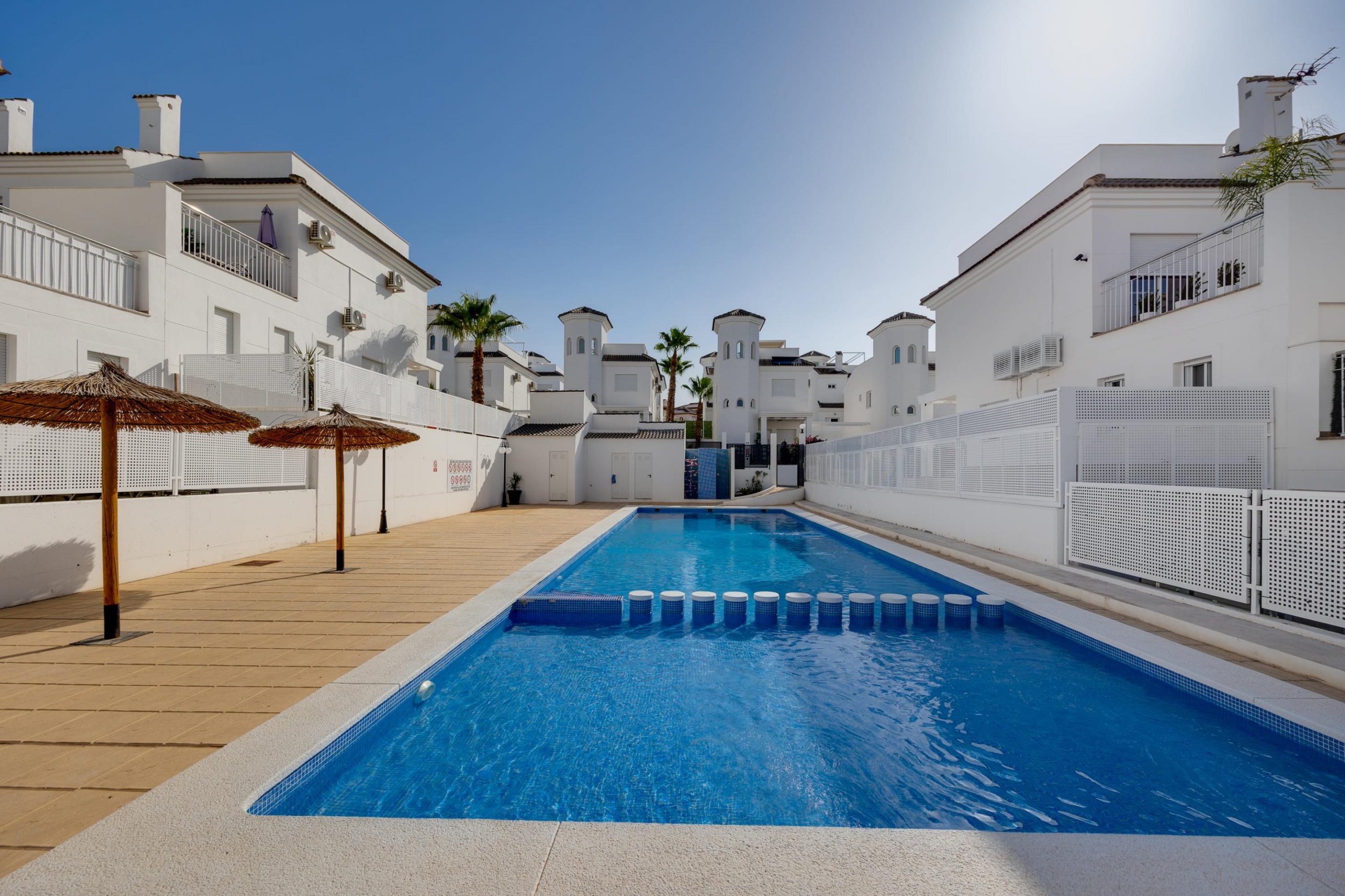 Rectangular outdoor pool flanked by white modern buildings, balconies, and palm trees under a clear blue sky.