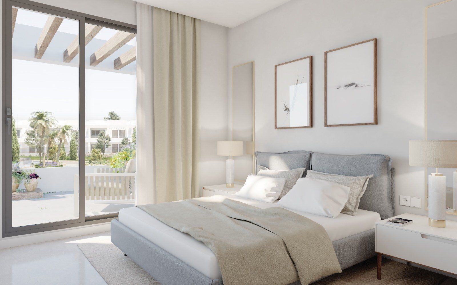 Bright modern bedroom with a gray upholstered bed, beige throw, and large sliding glass door to a sunny balcony outside.