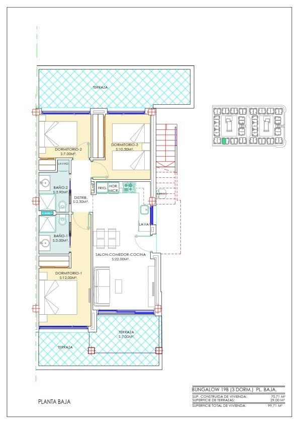 Floor plan of a 3-bedroom bungalow level, showing bedrooms, bathrooms, kitchen, living/dining area, and multiple terraces surrounding the layout.