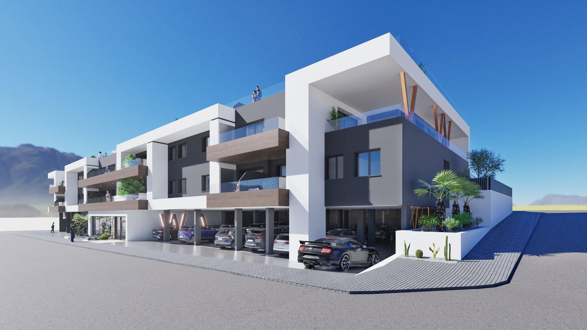 Modern white and gray apartment complex with glass balconies and a row of parked cars beneath