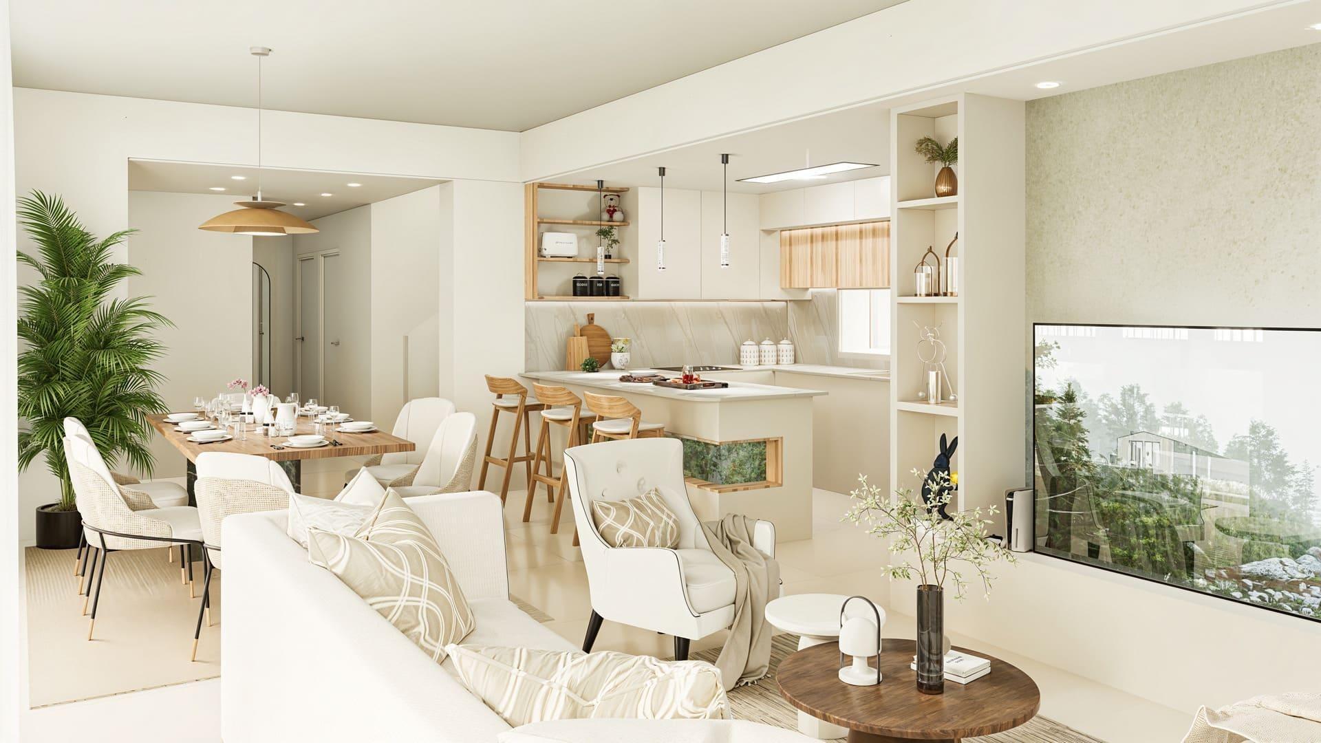 Bright open-plan kitchen and dining area with a wood dining table, white chairs, and a large window overlooking greenery.