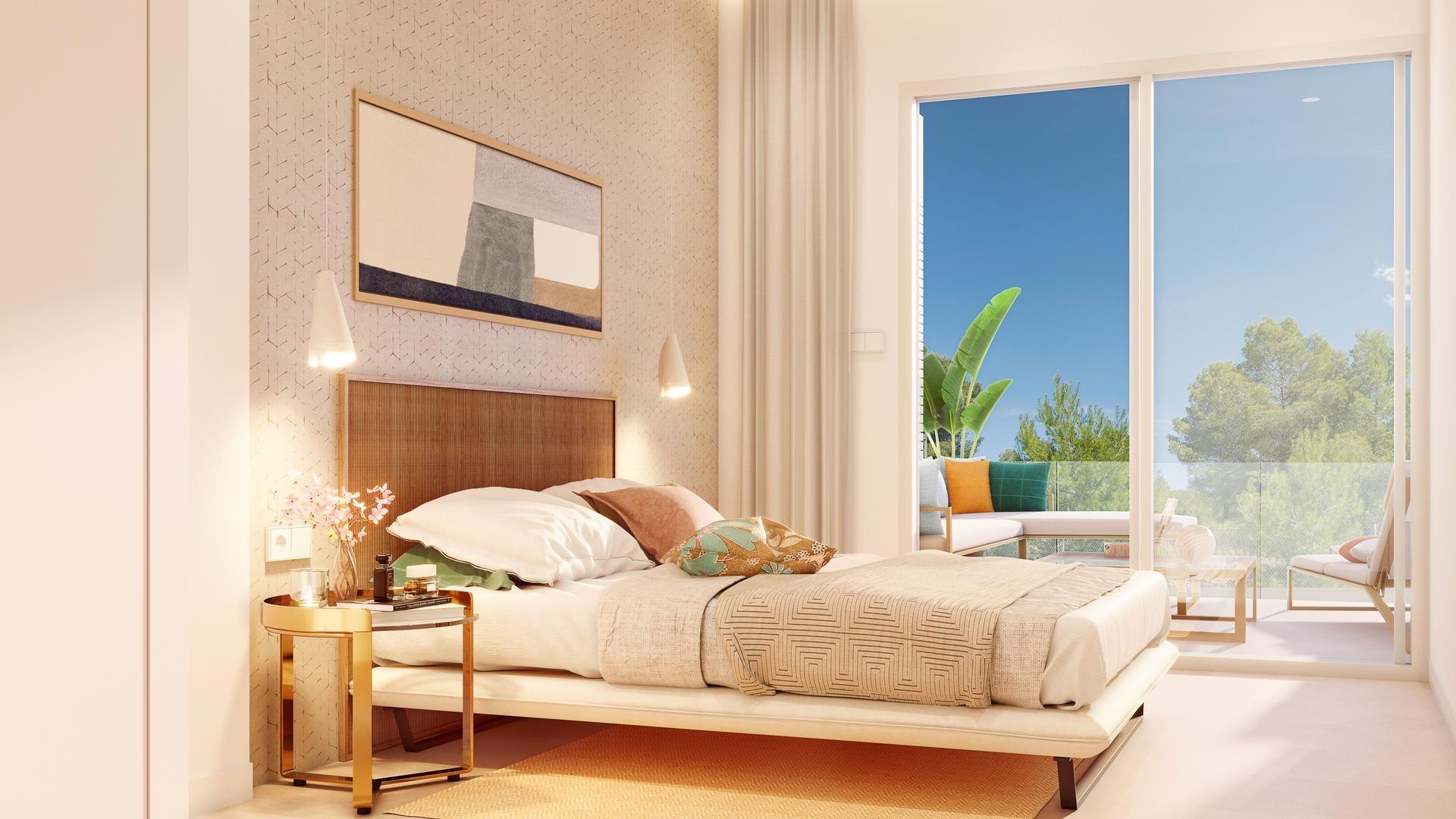 Bright hotel bedroom with a king bed, beige bedding, wooden headboard, and a balcony view of blue sky and greenery outside.