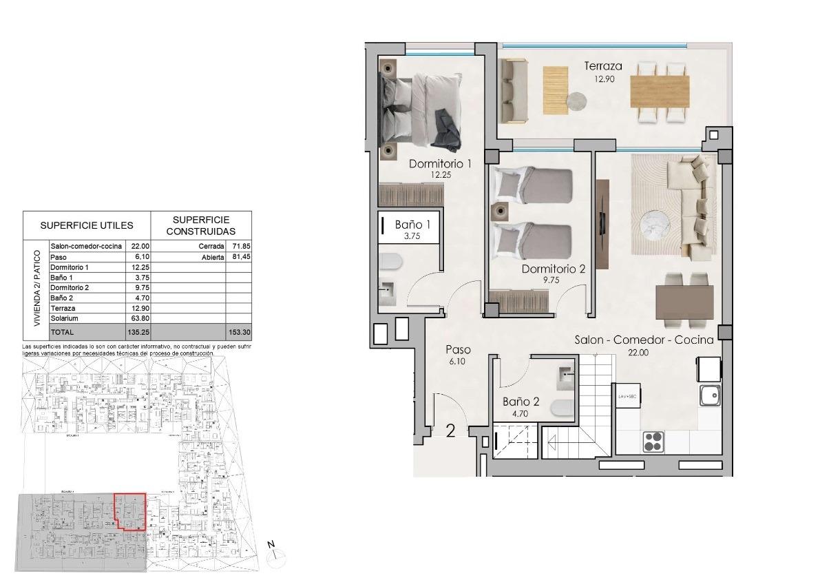 Floor plan of an apartment with two bedrooms, two bathrooms, a combined living/dining/kitchen area, a hallway, a staircase, and a terrace; rooms labeled with dimensions in meters.