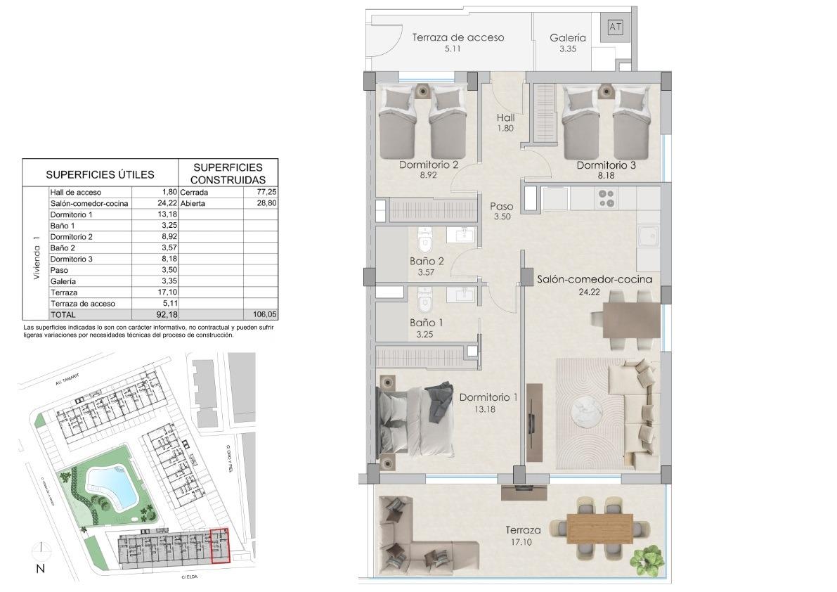 Floor plan of a residence showing rooms: three bedrooms, hall, bathroom areas, combined living-dining-kitchen, and two terraces; labels in Spanish (Dormitorio, Salón-comedor-cocina, Terraza).