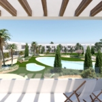 Modern resort courtyard with white low-rise buildings, palm trees, and a winding pool seen from a shaded terrace with wooden beams.