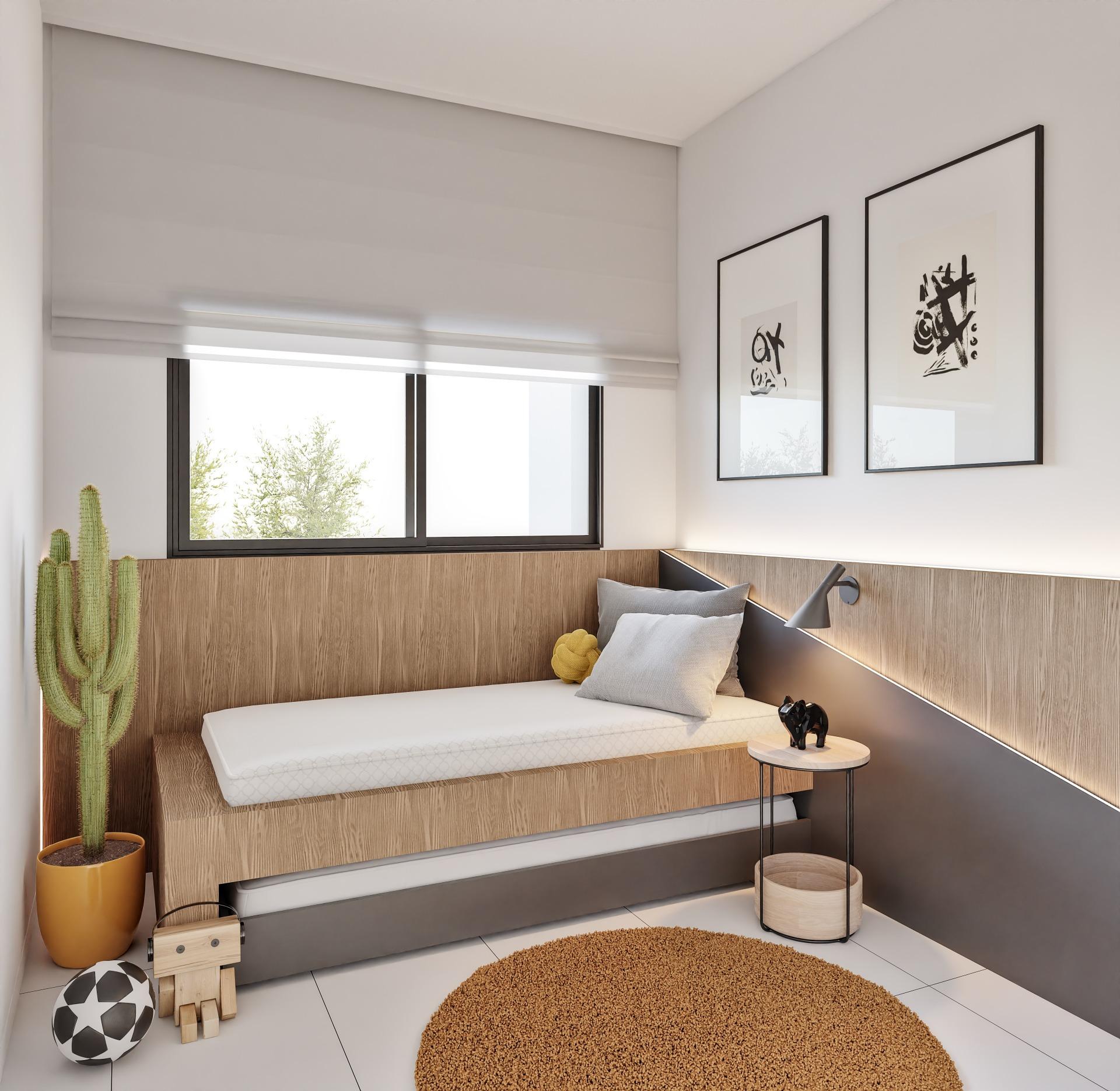 Modern bedroom corner with a built-in wooden bed, window with white blinds, and two framed abstract prints on the wall.