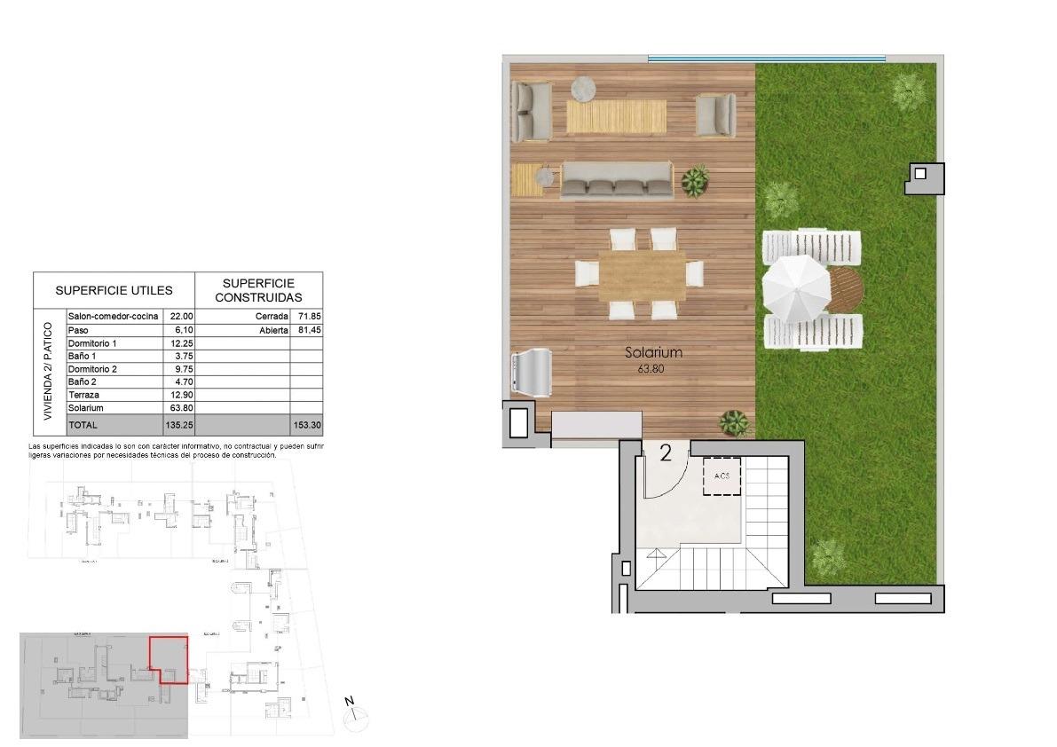 Roof terrace plan: solarium with dining table and seating on a wooden deck, adjacent grassy garden with lounge chairs and umbrella; stairs/entry at the bottom.